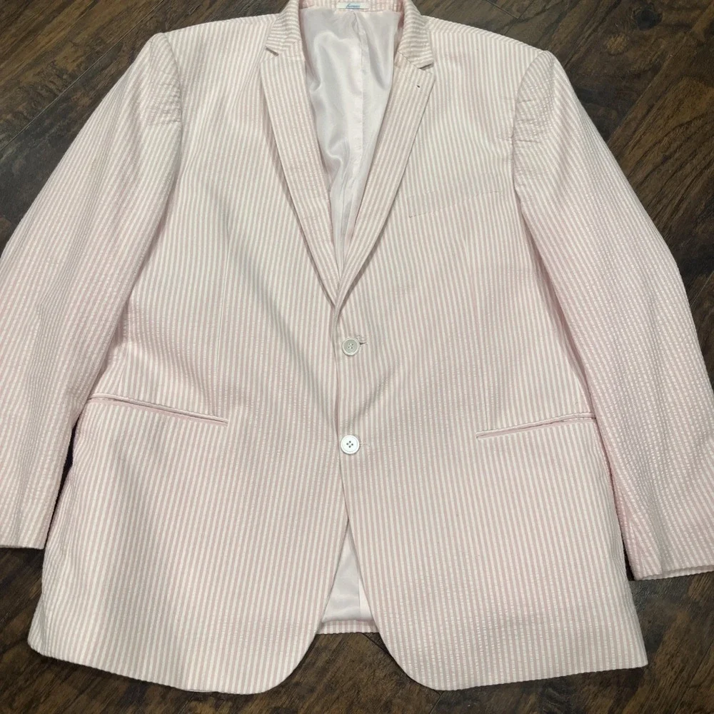 Ferrecci Seersucker Suit Double Vent 2pc Mens 46R W40 Pink Striped Classic